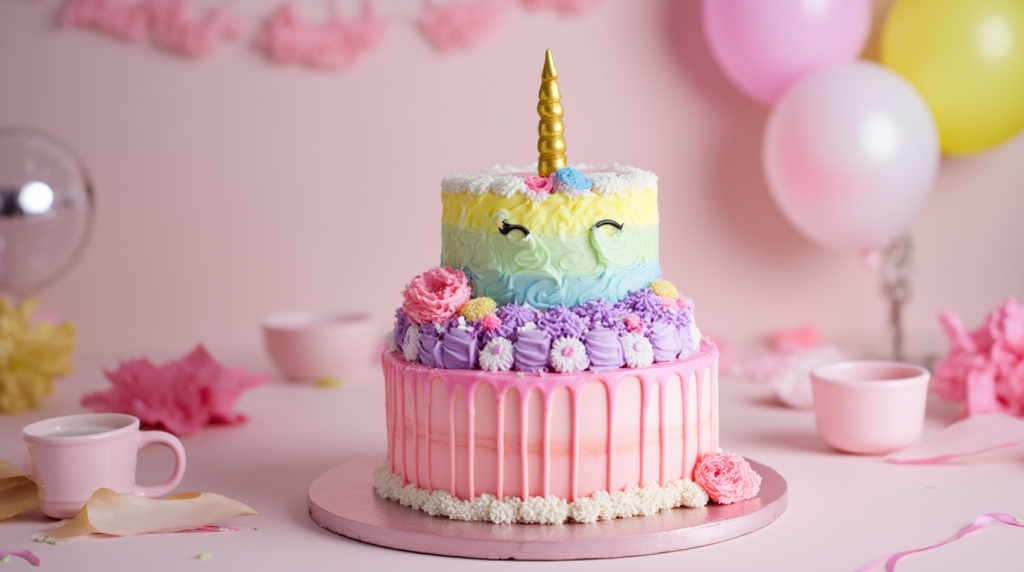 A pastel unicorn cake with a golden horn and a rainbow mane, decorated with sprinkles and edible glitter.