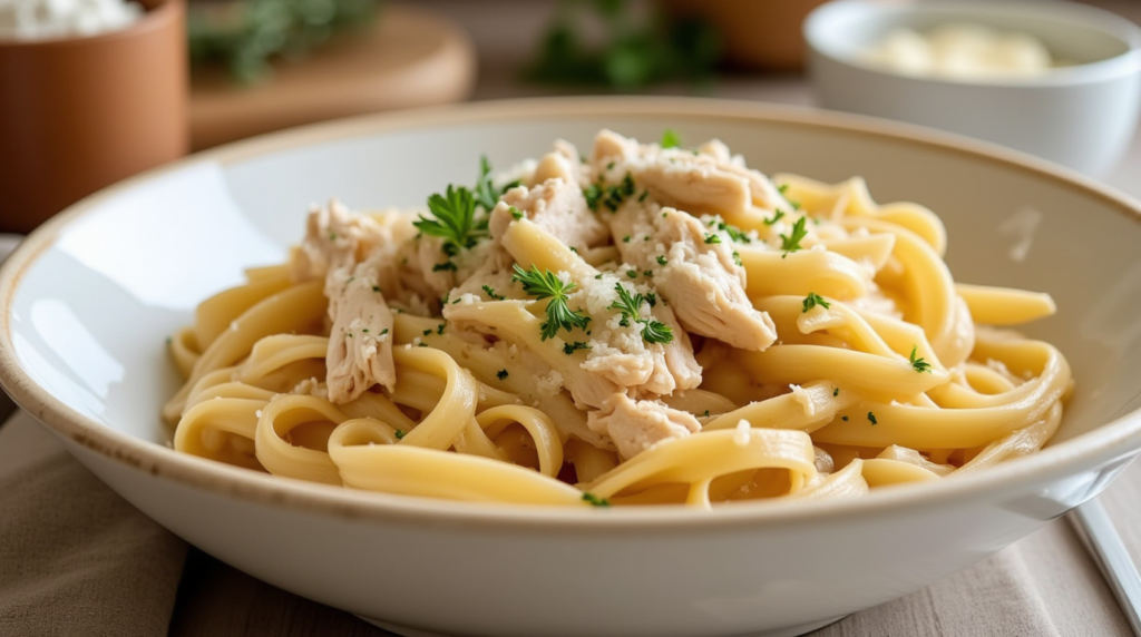 A bowl of creamy garlic parmesan chicken pasta made in a crockpot, garnished with fresh parsley and parmesan shavings, served in a rustic white bowl.