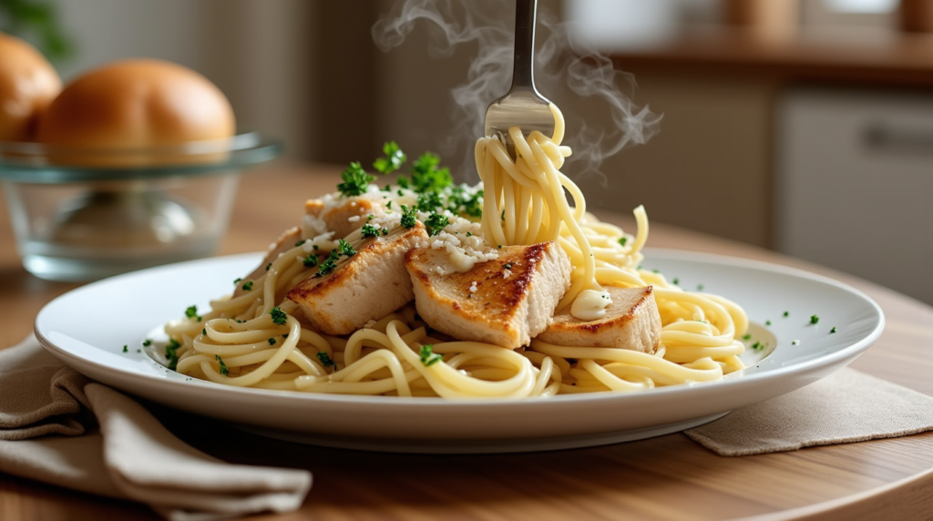 A delicious plate of Garlic Parmesan Chicken Pasta with creamy sauce, golden-seared chicken, and fresh parsley garnish on a rustic wooden table.