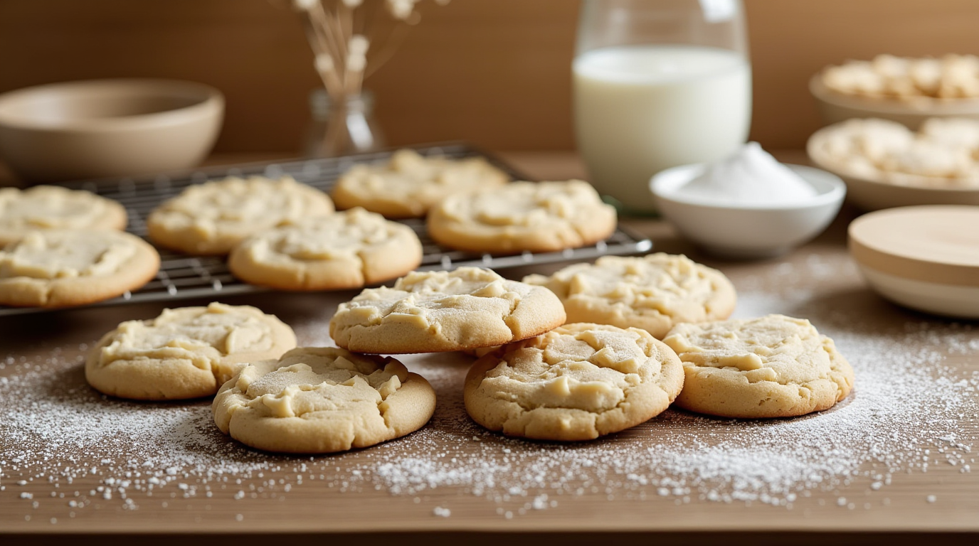Freshly baked Cool Whip cookies made with cake mix, dusted with powdered sugar, and displayed on a wooden table.