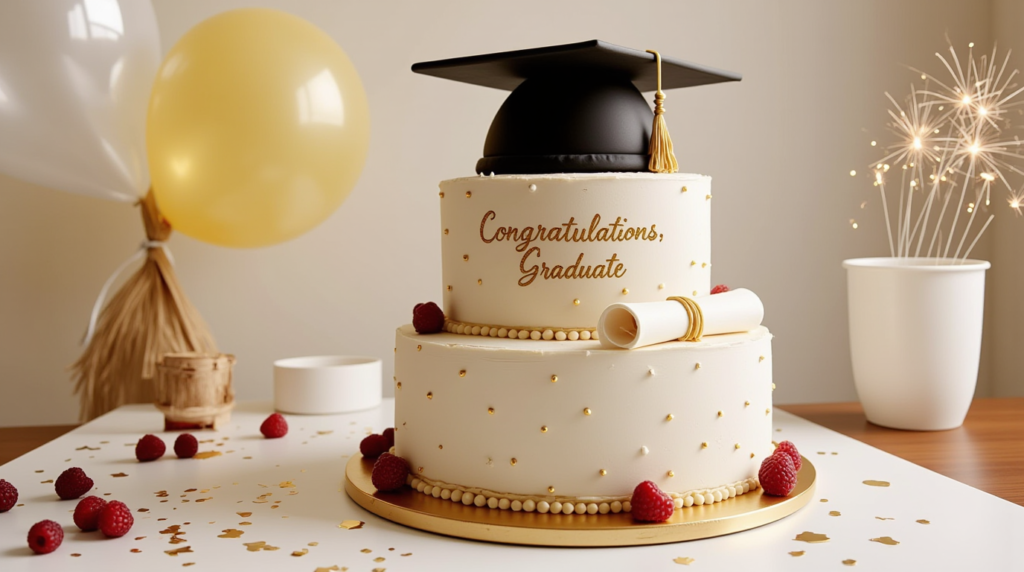 A stylish two-tiered graduation cakes decorated with a fondant cap, diploma scroll, gold accents, and fresh berries, set on a festive table with balloons and confetti.