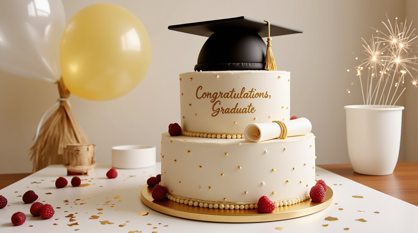 A stylish two-tiered graduation cakes decorated with a fondant cap, diploma scroll, gold accents, and fresh berries, set on a festive table with balloons and confetti.