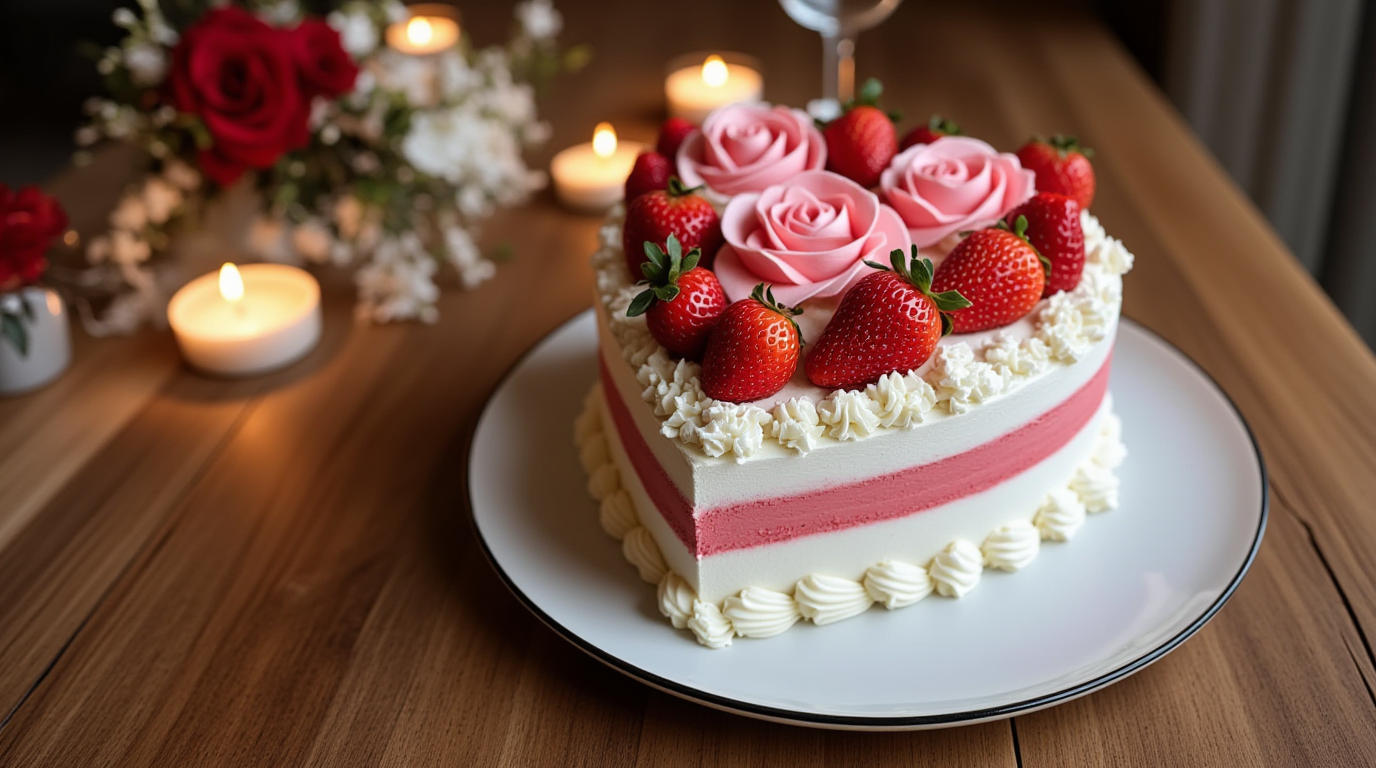 A Valentine’s Day heart cake decorated with pink and red buttercream roses, fresh strawberries, and white chocolate shavings on a white plate, set in a romantic candlelit setting.