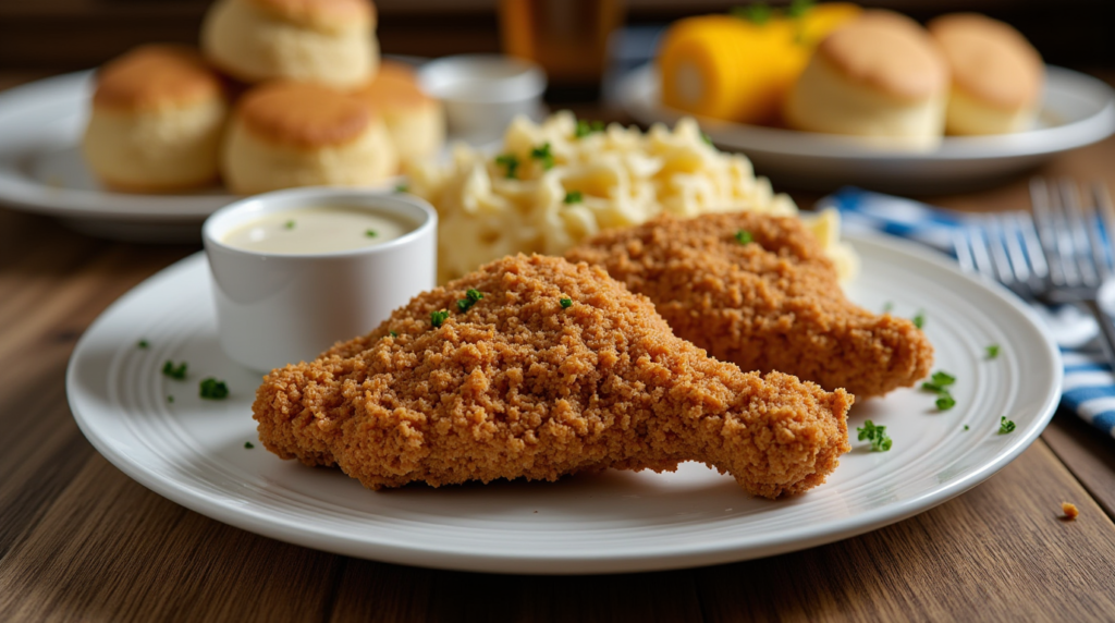 Crispy golden simple fried chicken maryland style with white gravy on a plate, served with classic Southern sides.