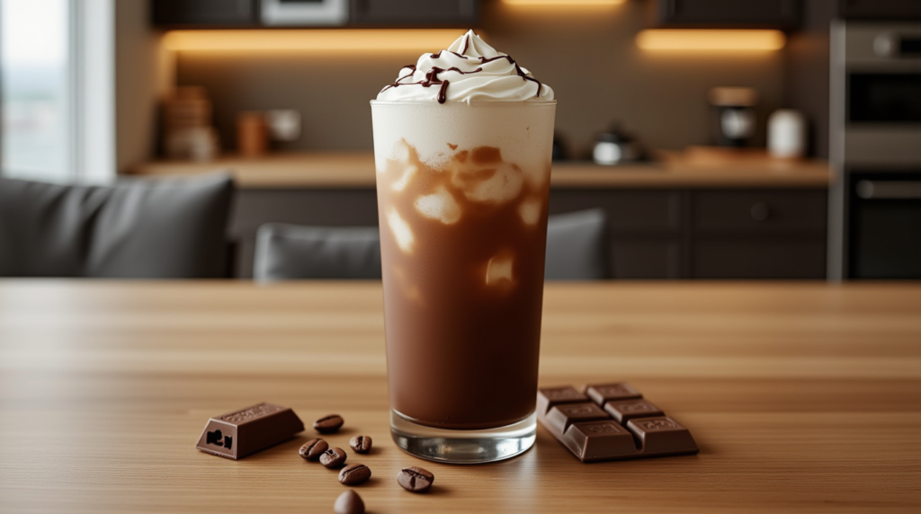 A refreshing glass of this mocha iced coffee recipe with whipped cream and chocolate drizzle, surrounded by coffee beans and a chocolate bar