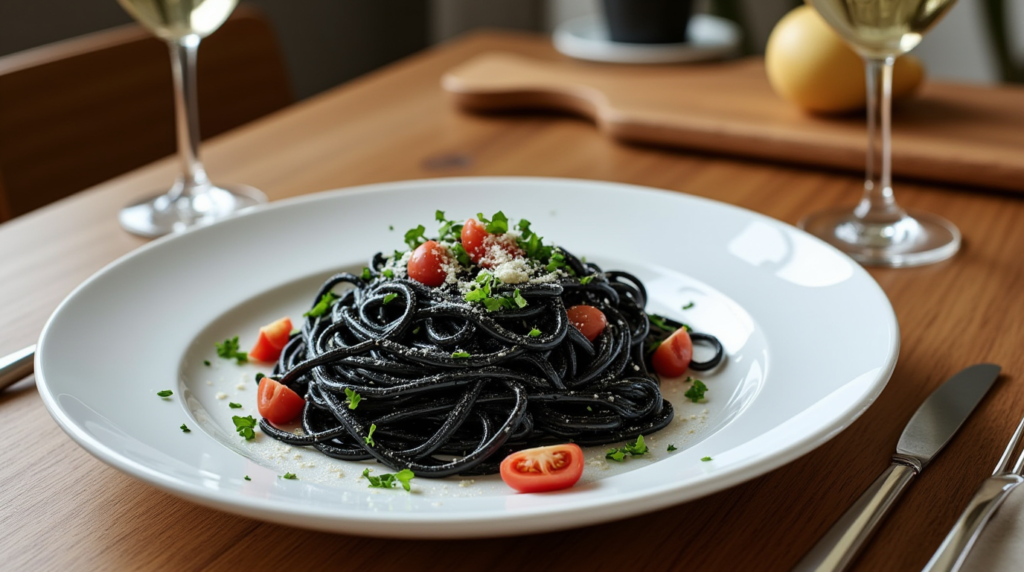 A plate of squid ink pasta with cherry tomatoes, Parmesan, and parsley, served on a rustic wooden table with a glass of white wine.