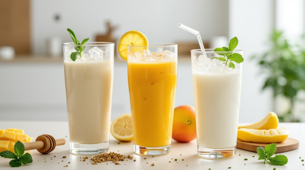 Assorted Cold Yogurt Drink Crossword including lassi, mango smoothie, and kefir, garnished with mint leaves and served in clear glasses with ice cubes.