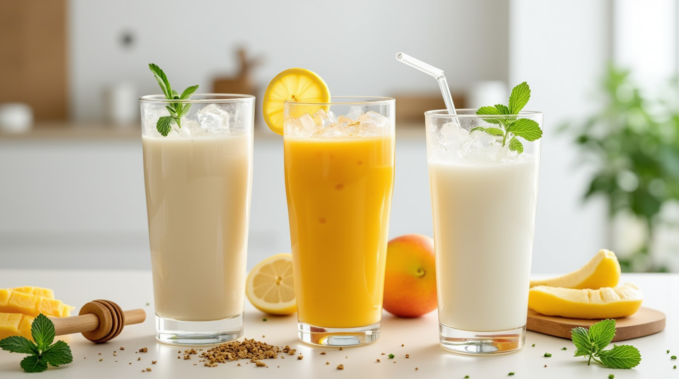 Assorted Cold Yogurt Drink Crossword including lassi, mango smoothie, and kefir, garnished with mint leaves and served in clear glasses with ice cubes.
