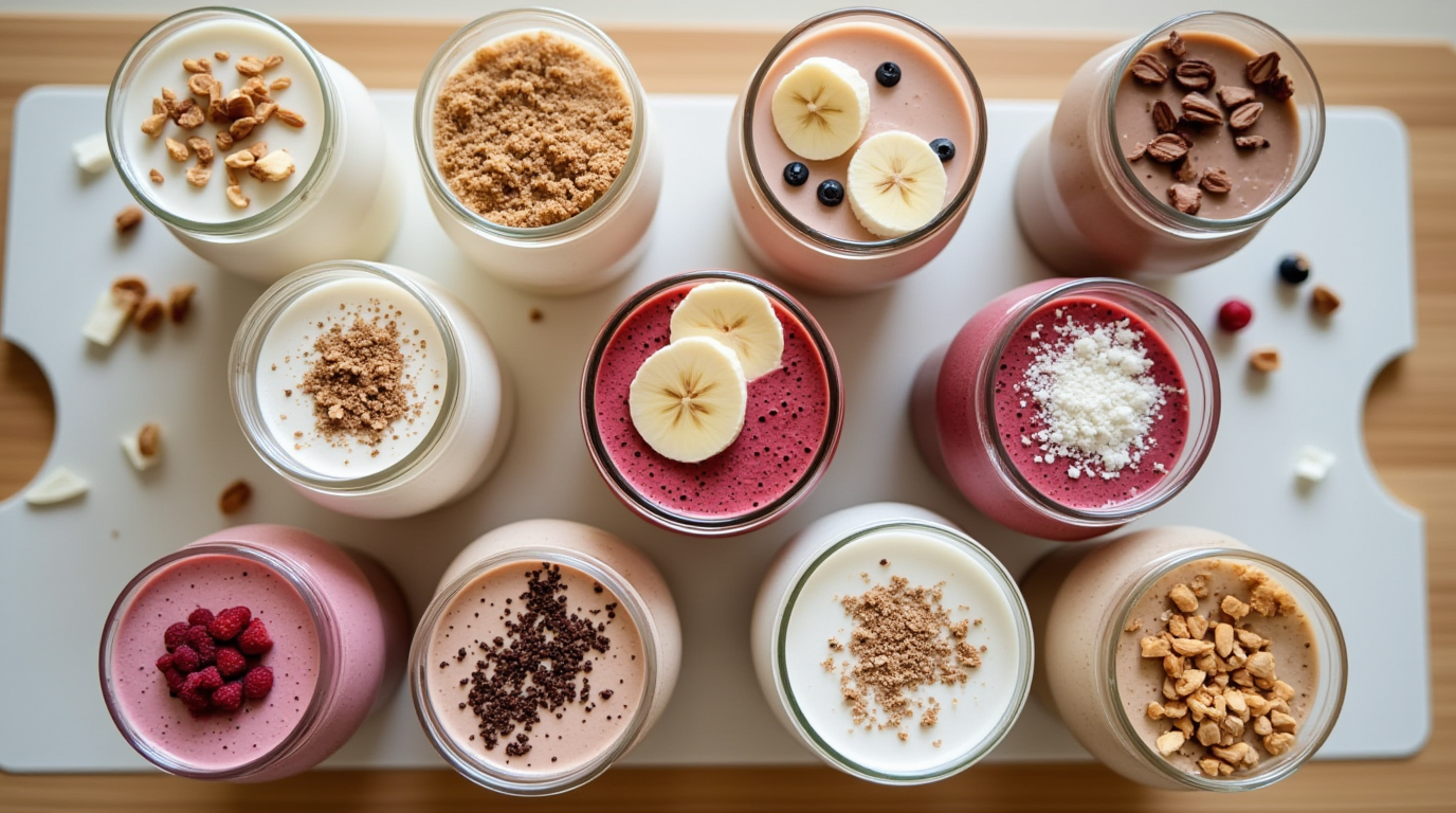 A variety of ten colorful dairy free protein shakes in glass cups, topped with fresh fruits and nuts, arranged on a wooden table.