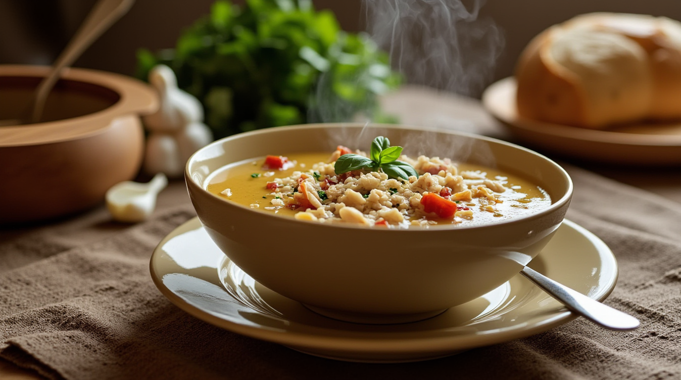 A creamy bowl of Marry Me Chicken Soup garnished with fresh basil and Parmesan cheese, served in a rustic kitchen setting.