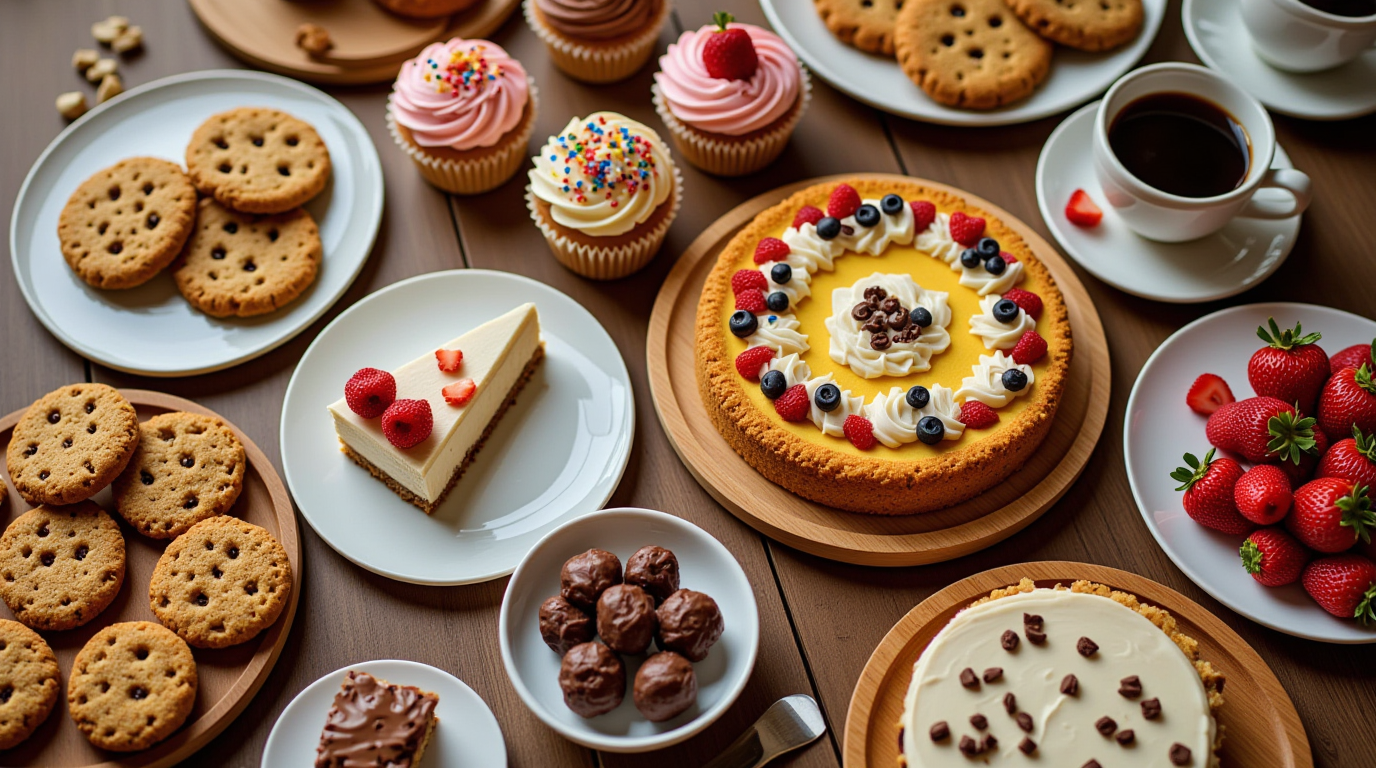 A delicious assortment of sweet treats, including cookies, cupcakes, pies, no-bake desserts, and healthy options, arranged on a rustic wooden table.