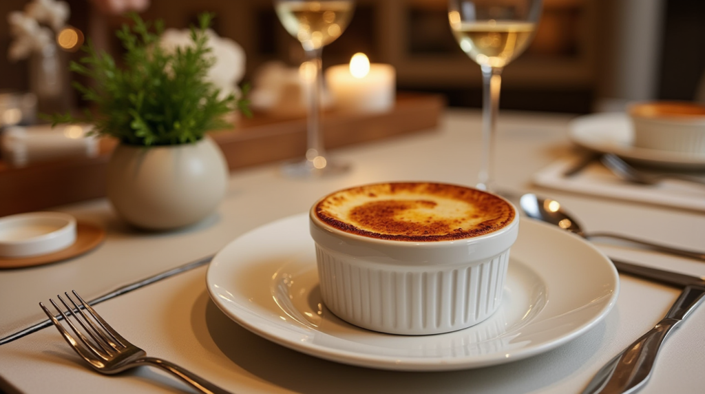 A close-up shot of Crab Brulee with a golden caramelized sugar crust, creamy custard, and visible crab meat on top