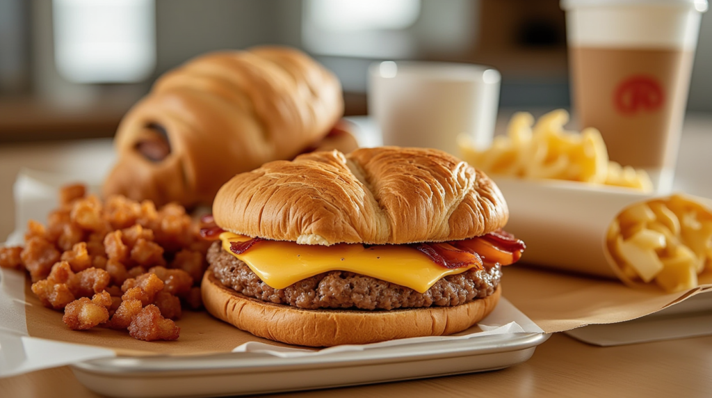 A variety of breakfast items from the Burger King breakfast menu, including a Bacon, Egg & Cheese Croissan'wich, Ultimate Breakfast Burrito, crispy hash browns, and a cup of coffee on a breakfast tray.