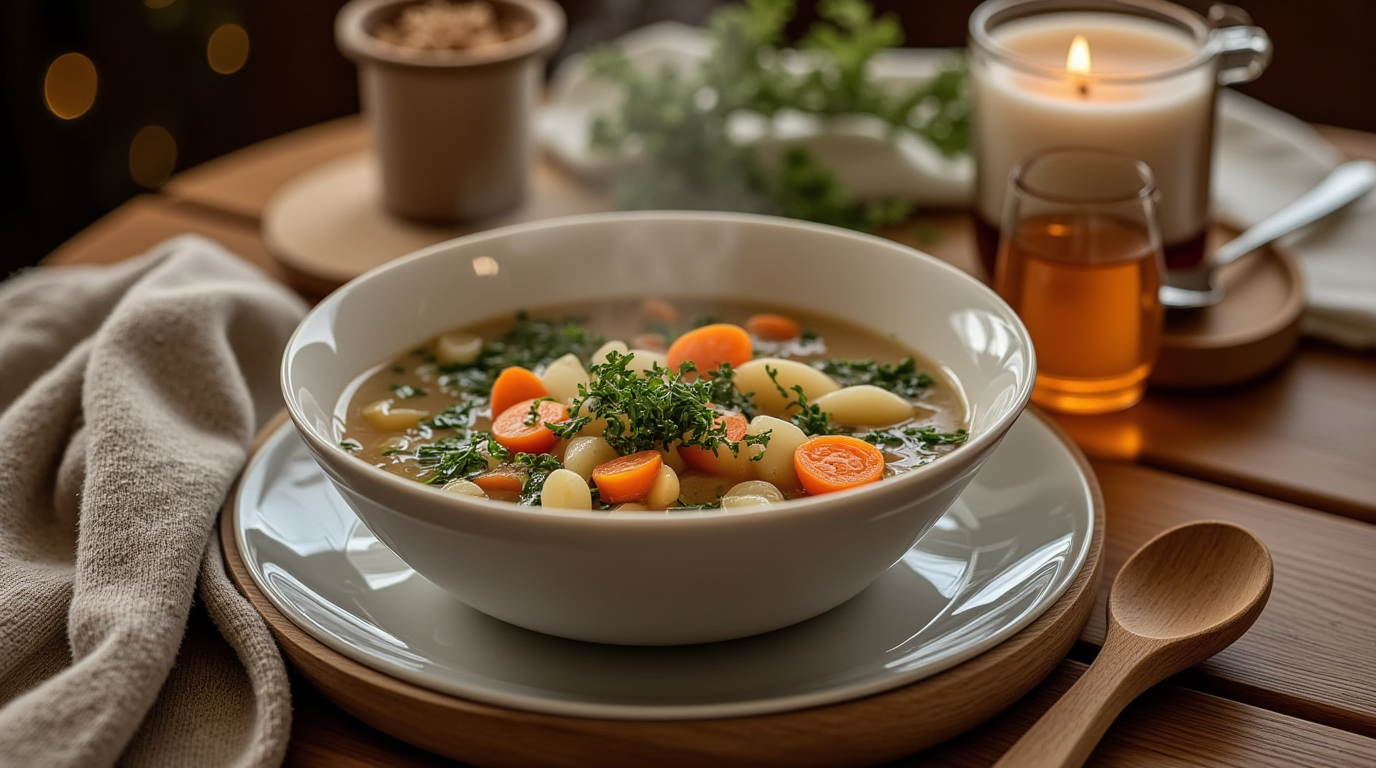A bowl of gluten free soup with fresh vegetables and chicken, garnished with herbs, served on a wooden table.
