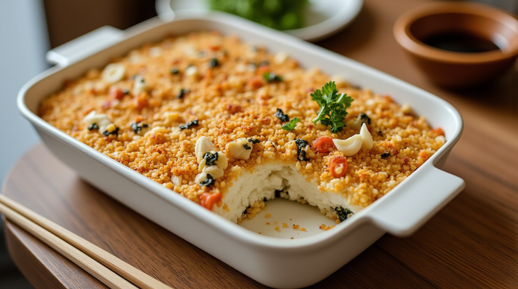 A freshly baked sushi bake recipe in an 8x8 dish, topped with panko breadcrumbs, furikake, and sliced nori. The dish is garnished with sesame seeds and served on a wooden table with a side of soy sauce and chopsticks.
