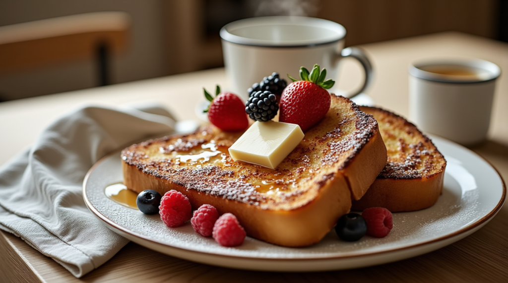 Golden-brown sourdough French toast topped with fresh berries, powdered sugar, and maple syrup on a rustic wooden table.