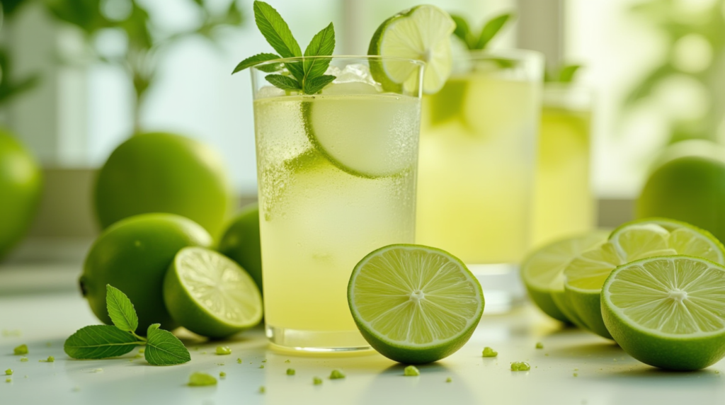 Freshly squeezed lime juice dripping from a sliced lime into a glass, surrounded by vibrant lime wedges and ice cubes.