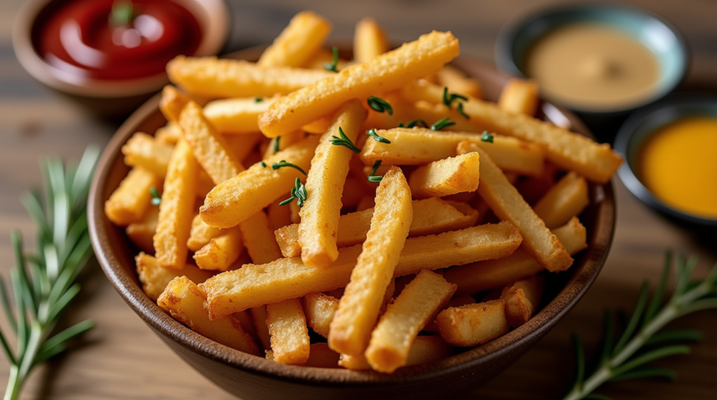 Golden, crispy crinkle cut fries served with dipping sauces in a cozy kitchen setting