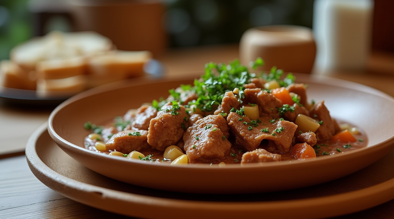 A hearty bowl of beef tripe stew garnished with fresh herbs, served with crusty bread on a rustic wooden table.