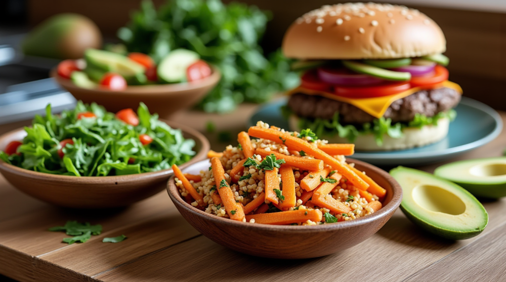 Healthy sides for hamburgers, including a salad, roasted sweet potato fries, quinoa salad, and avocado slices, arranged on a rustic table.