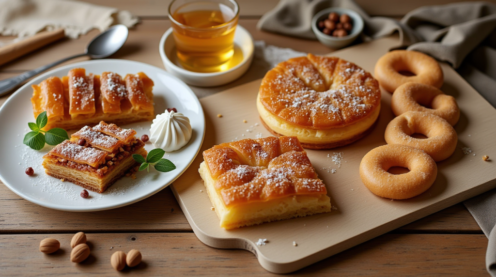 A variety of traditional Greek desserts, including Baklava, Galaktoboureko, Loukoumades, and Kataifi, beautifully arranged on a rustic wooden table with honey and nuts.