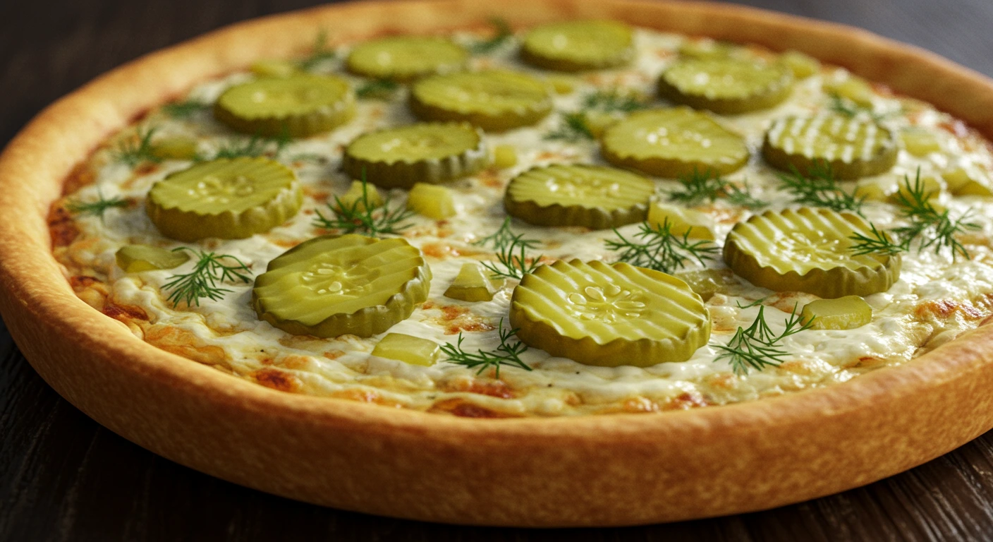 A close-up shot of a delicious pickle pie pizza with a golden crust and a generous topping of pickles and cheese.