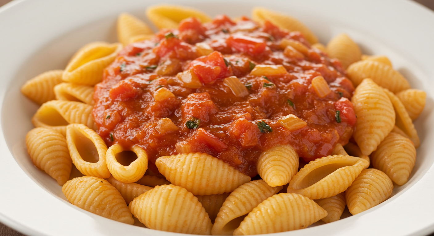Homemade Lumache Pasta recipe served in a rustic bowl with rich tomato sauce and herbs.
