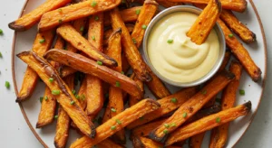 Crispy Air Fryer Frozen Sweet Potato Fries: served with a small bowl of creamy dipping sauce on the side.