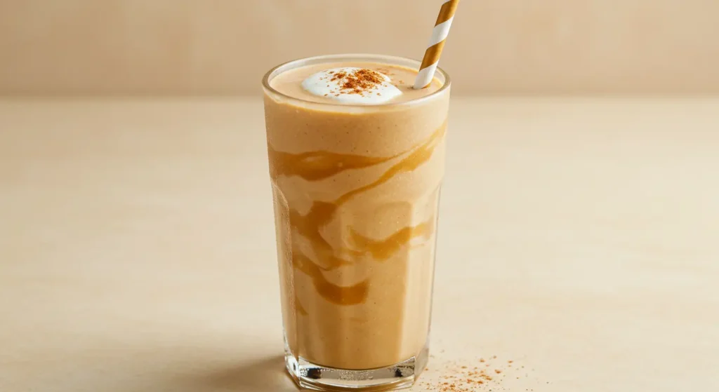 Beige cinnamon protein smoothie in a glass with oat topping and cinnamon stick garnish