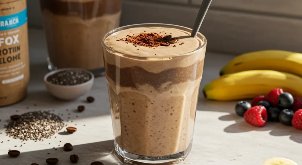 Coffee-colored protein breakfast smoothie in a to-go cup with coffee beans and banana slice decoration