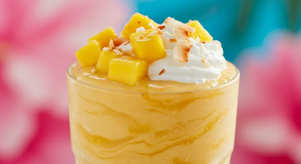 Orange and yellow layered tropical protein smoothie with pineapple chunk and coconut flake garnish
