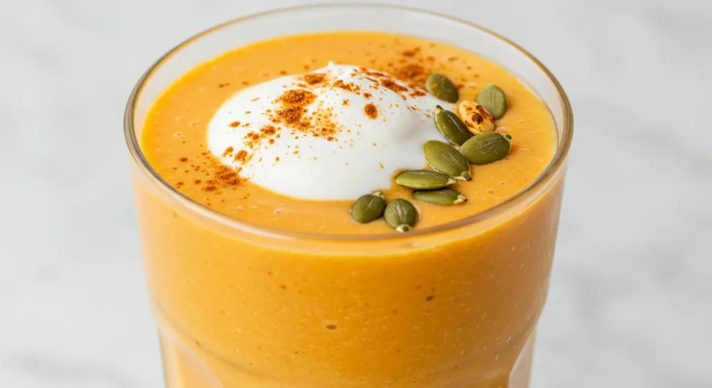 Orange-brown pumpkin protein smoothie in a glass with pumpkin pie spice dusting and date garnish