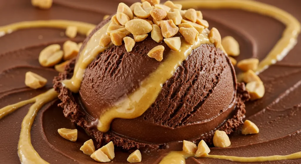 Healthy Ninja Creami Recipes: Rich, dark chocolate-colored scoop with peanut butter swirl and chopped peanuts on top
