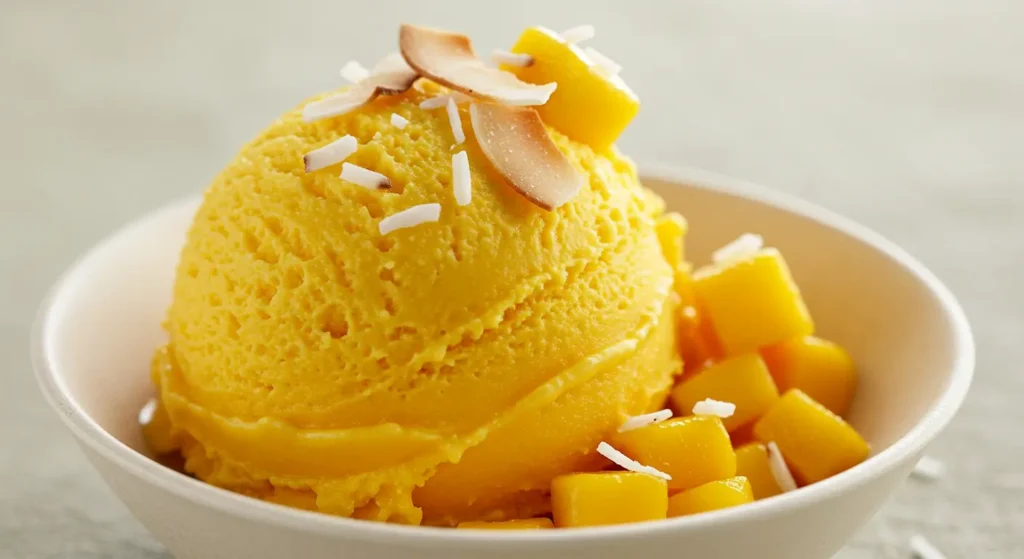 Healthy Ninja Creami Recipes: Bright orange-yellow scoop garnished with toasted coconut flakes and fresh mango chunks