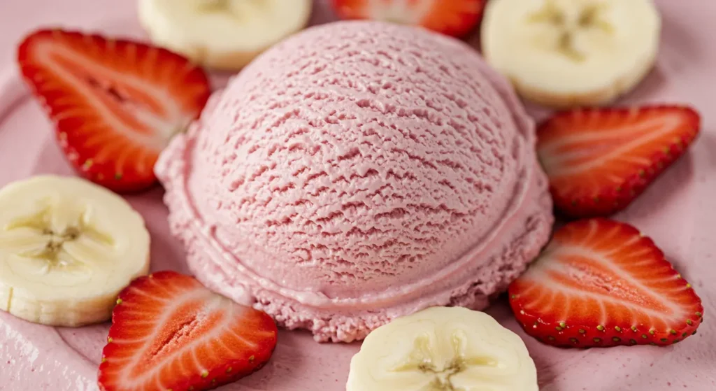 Healthy Ninja Creami Recipes: Pink-tinted creamy scoop with fresh strawberry slices and banana wheels as garnish