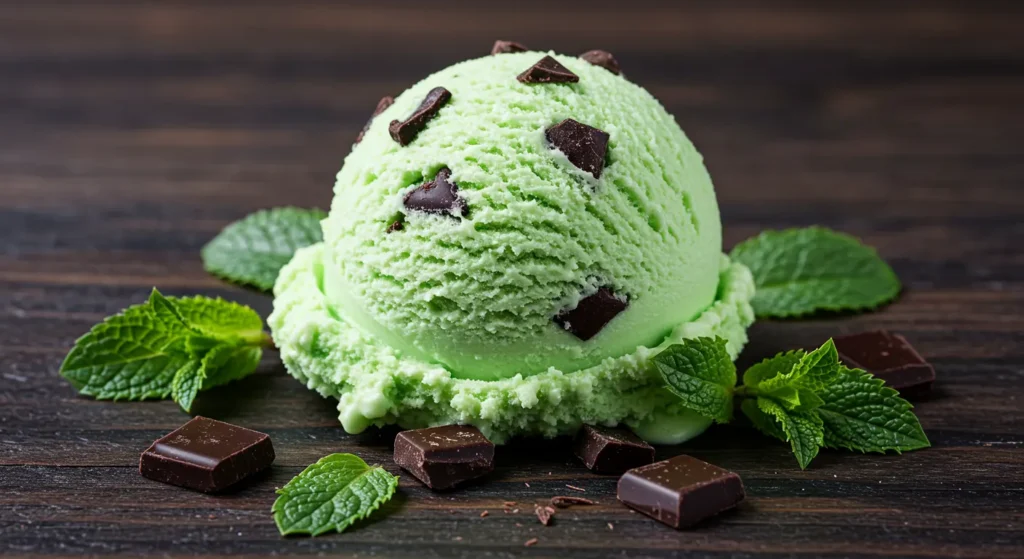 Healthy Ninja Creami Recipes: Pale green scoop studded with dark chocolate pieces, garnished with fresh mint leaves