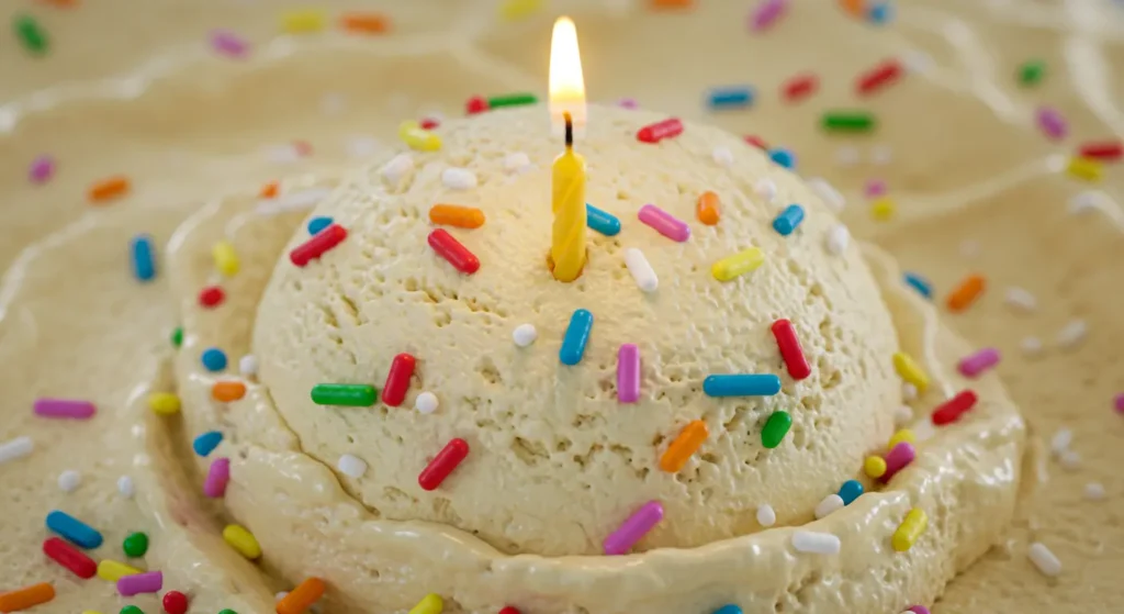 Healthy Ninja Creami Recipes: Creamy white scoop with colorful sprinkles and a birthday candle