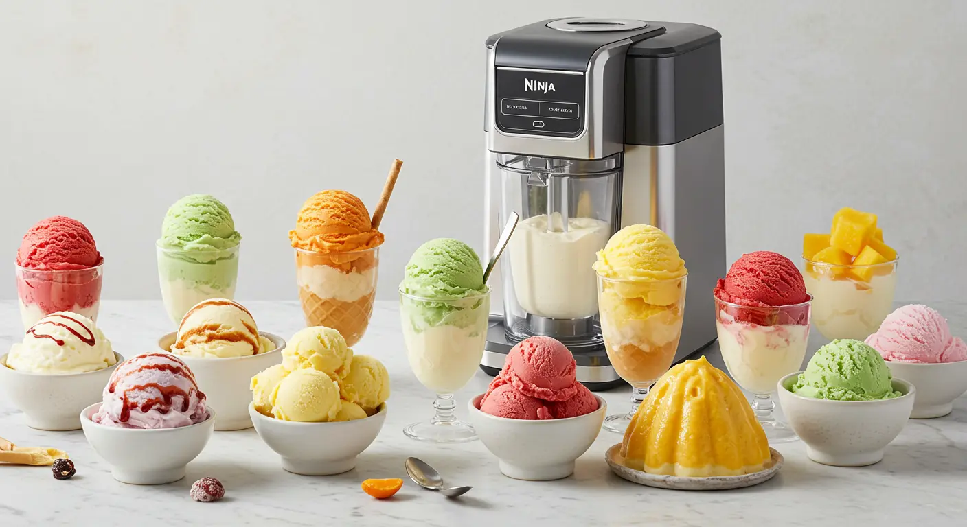 Twelve colorful homemade frozen desserts arranged on marble counter with Ninja Creami machine in background