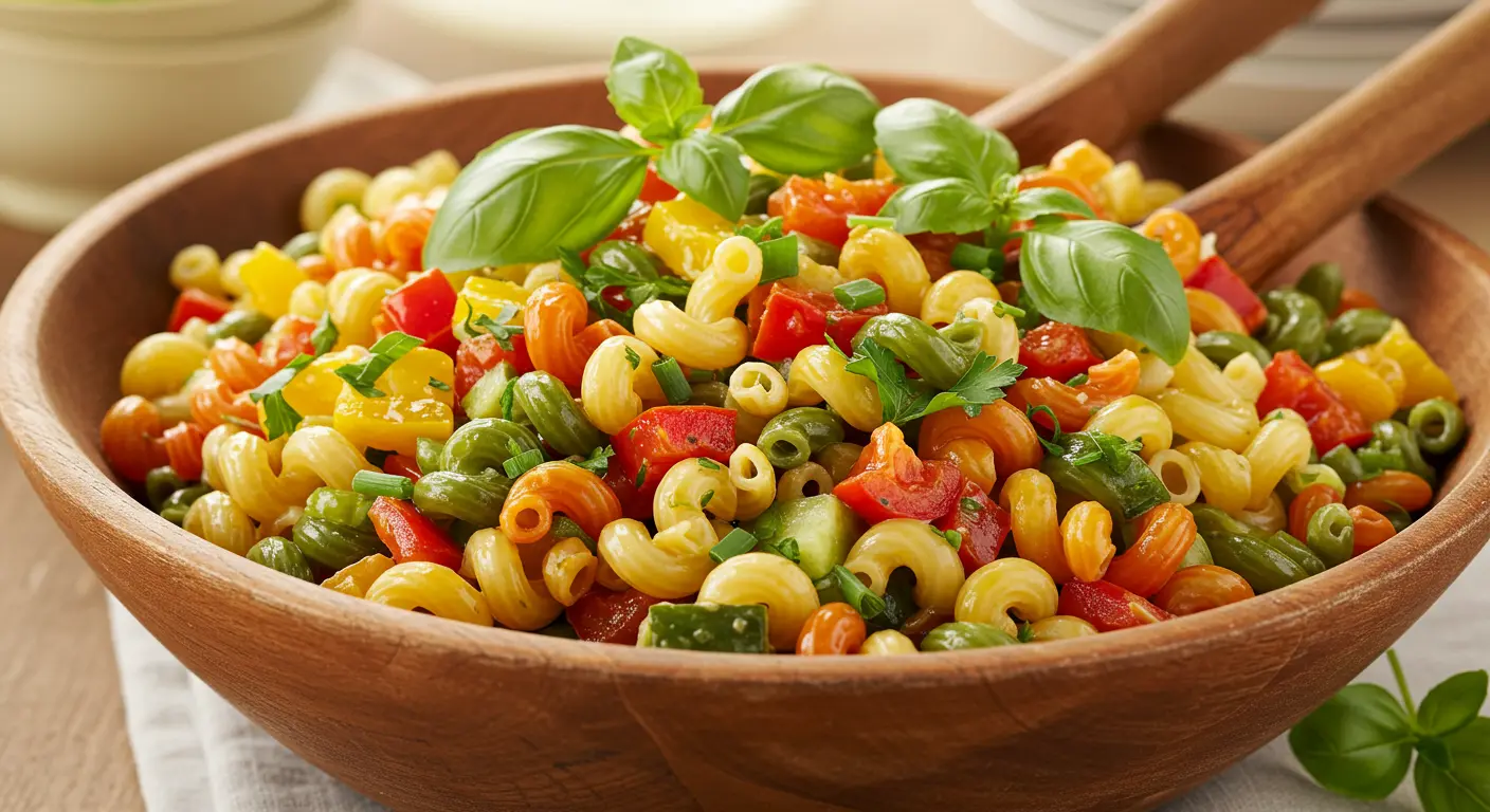 Colorful cavatappi pasta salad in a large serving bowl, garnished with fresh herbs.