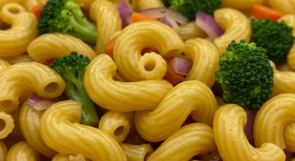 Close-up of cavatappi pasta spirals tossed with dressing and colorful vegetables.
