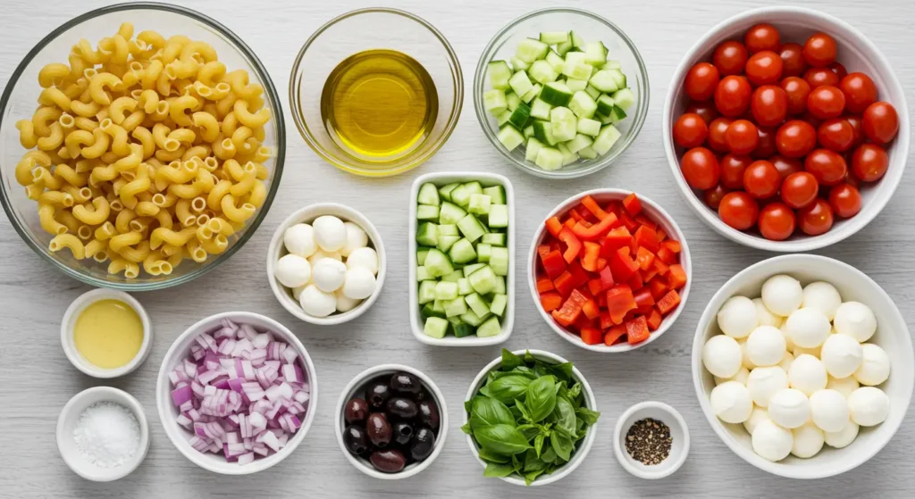 Flat lay of measured ingredients for cavatappi pasta recipe, including pasta, cheese, milk, butter, flour, and seasonings.