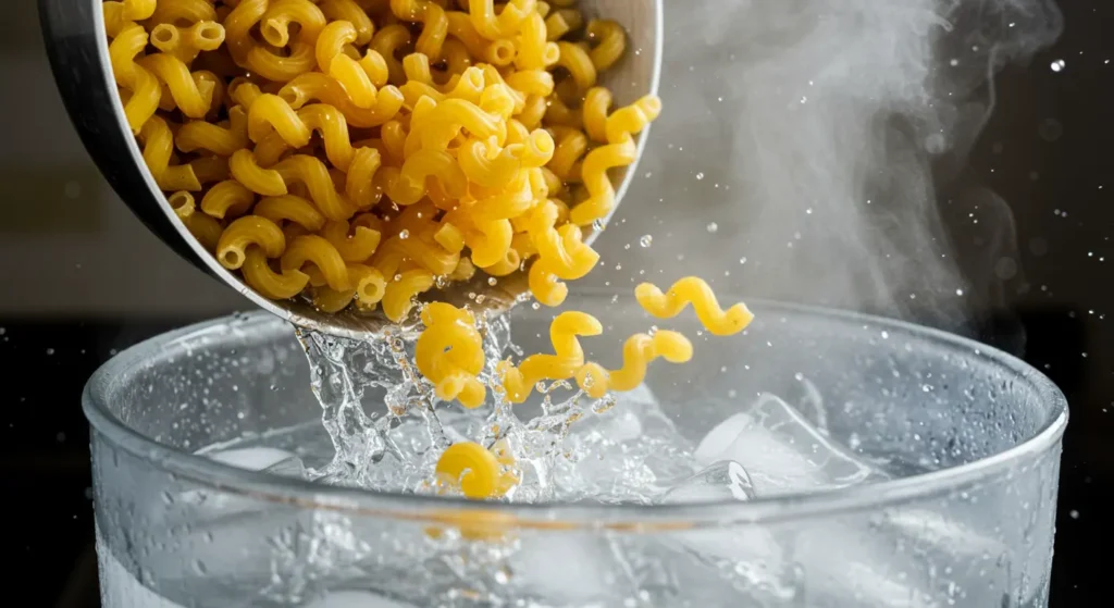 Action shot of cooked cavatappi pasta being quickly transferred from boiling water to an ice bath to stop the cooking process.