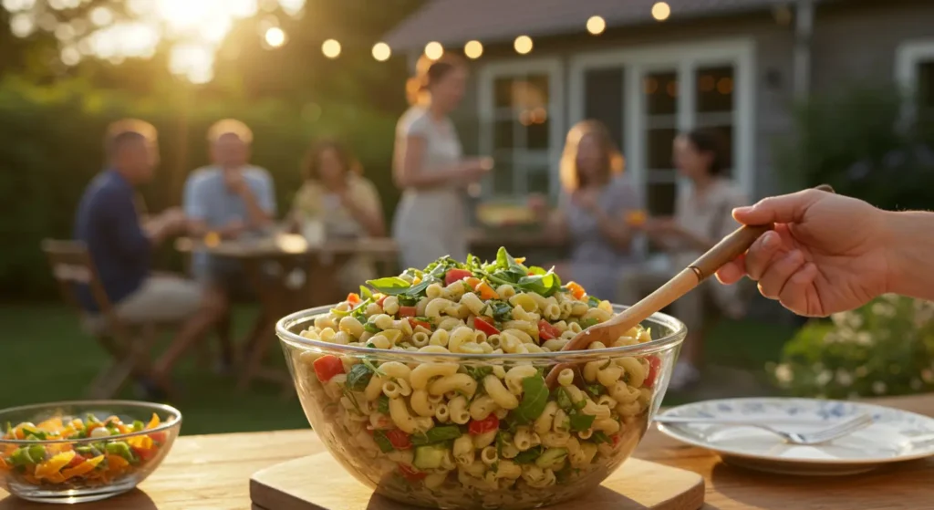Final glamour shot of a vibrant cavatappi pasta salad served in a large bowl at a festive gathering, showcasing colorful vegetables and fresh herbs.