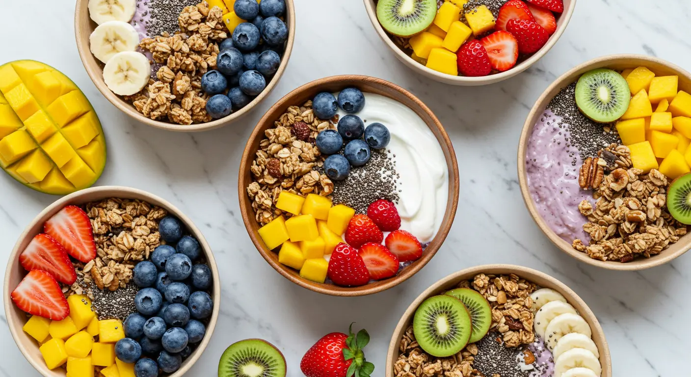 Overhead shot of 3-4 colorful breakfast bowls arranged on a marble surface with fresh ingredients scattered around