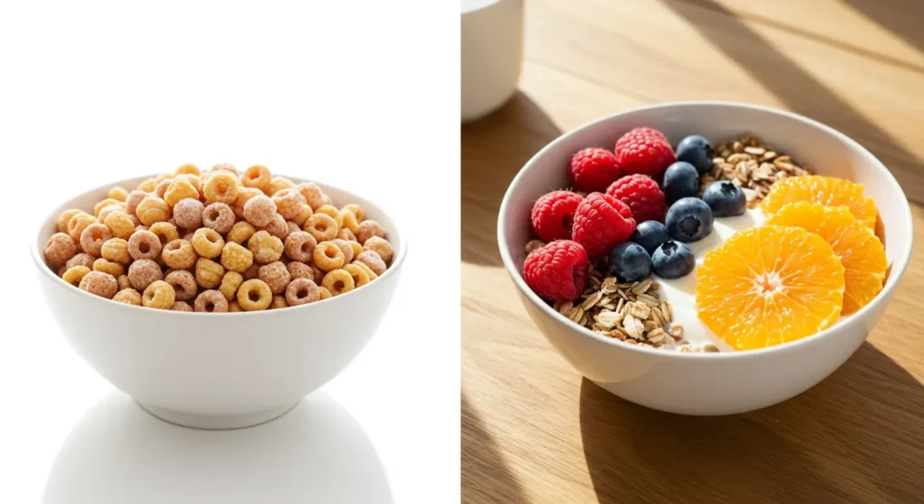 Before and after comparison - sugary cereal vs. colorful breakfast bowl