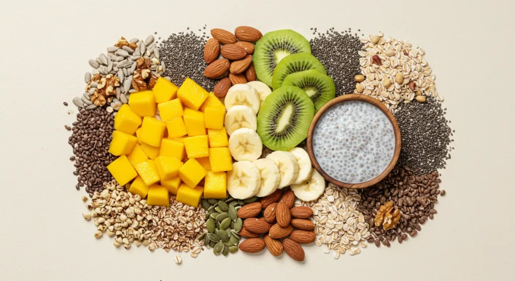 Ingredient flat lay with labeled portions for healthy breakfast bowls