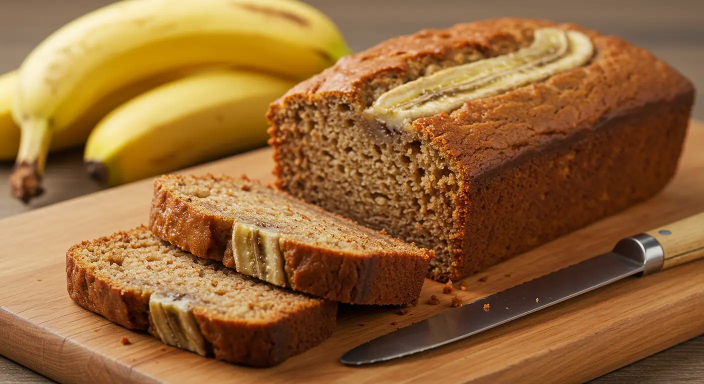 Hero image of sliced 4 ingredient banana bread on a wooden cutting board with fresh bananas in background