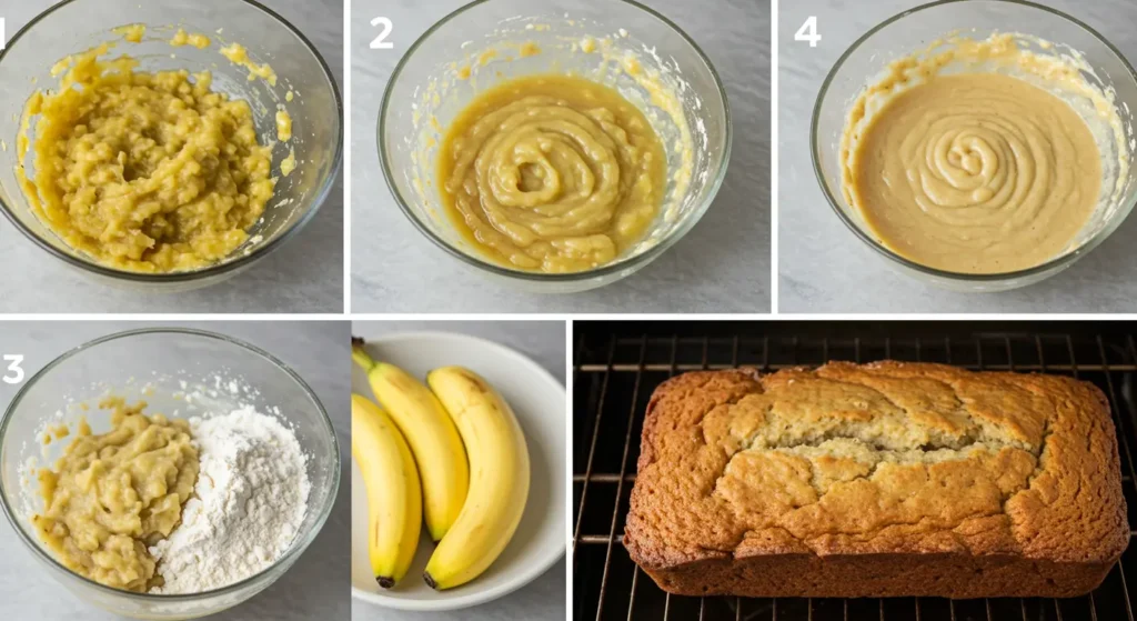 Step-by-step collage showing the mixing process and final result of the 4 ingredient banana bread