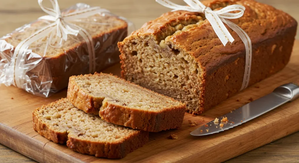 Sliced 4 ingredient banana bread showing texture, some pieces wrapped for storage