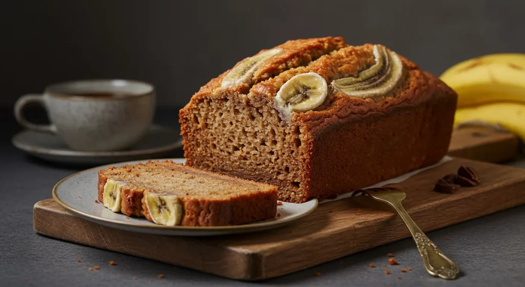 Final glamour shot of the finished bread with a slice on a plate